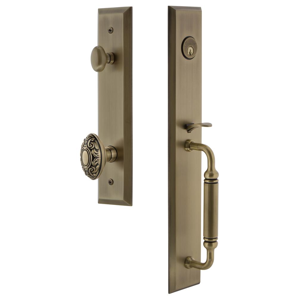 Grandeur by Nostalgic Warehouse FAVCGRGVC Fifth Avenue One-Piece Handleset with C Grip and Grande Victorian Knob in Vintage Brass